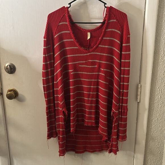 Free People Waffle Knit High Low Oversized S Red/Beige Nautical Cherry Girl Boho - Picture 5 of 12